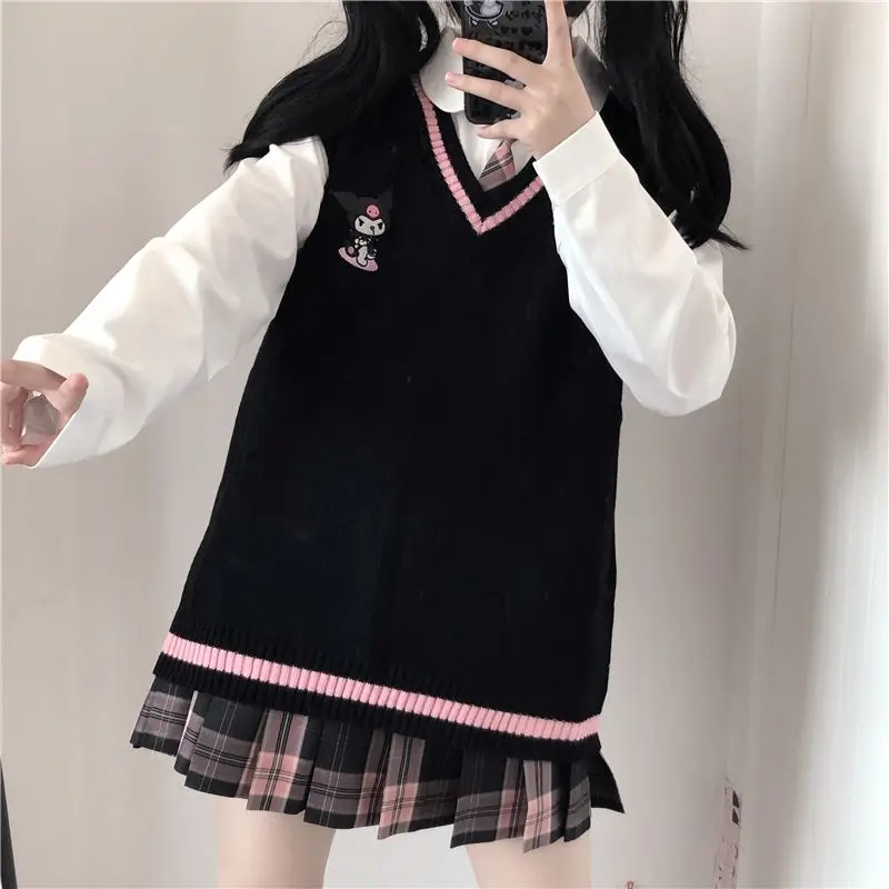 

Kawaii Kuromi Jk Униформа вязаный жилет Sanrios My Melody Cinnamoroll женский консервативный стиль Y2K свободный свитер без рукавов для отдыха жилет