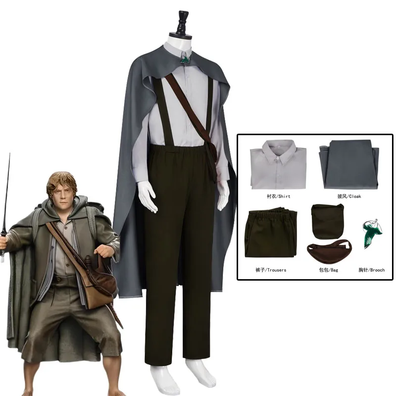 

Костюм для косплея Сэмвайза Гэмги из аниме/фильма «Хоббит», серый плащ, наряд для мужчин, комбинезон с подтяжками, брюки, плащ, наряды на Хэллоуин
