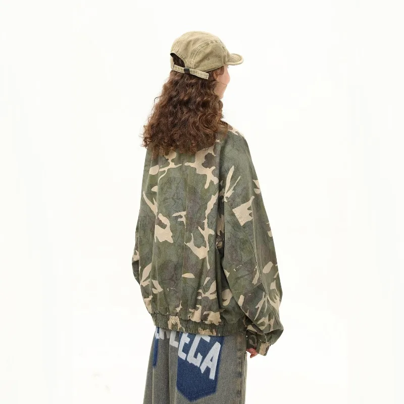 2025 otoño nueva chaqueta de camuflaje con cuello levantado Unisex suelta estilo de pareja ropa de calle informal prendas de vestir exteriores de moda para hombres y mujeres
