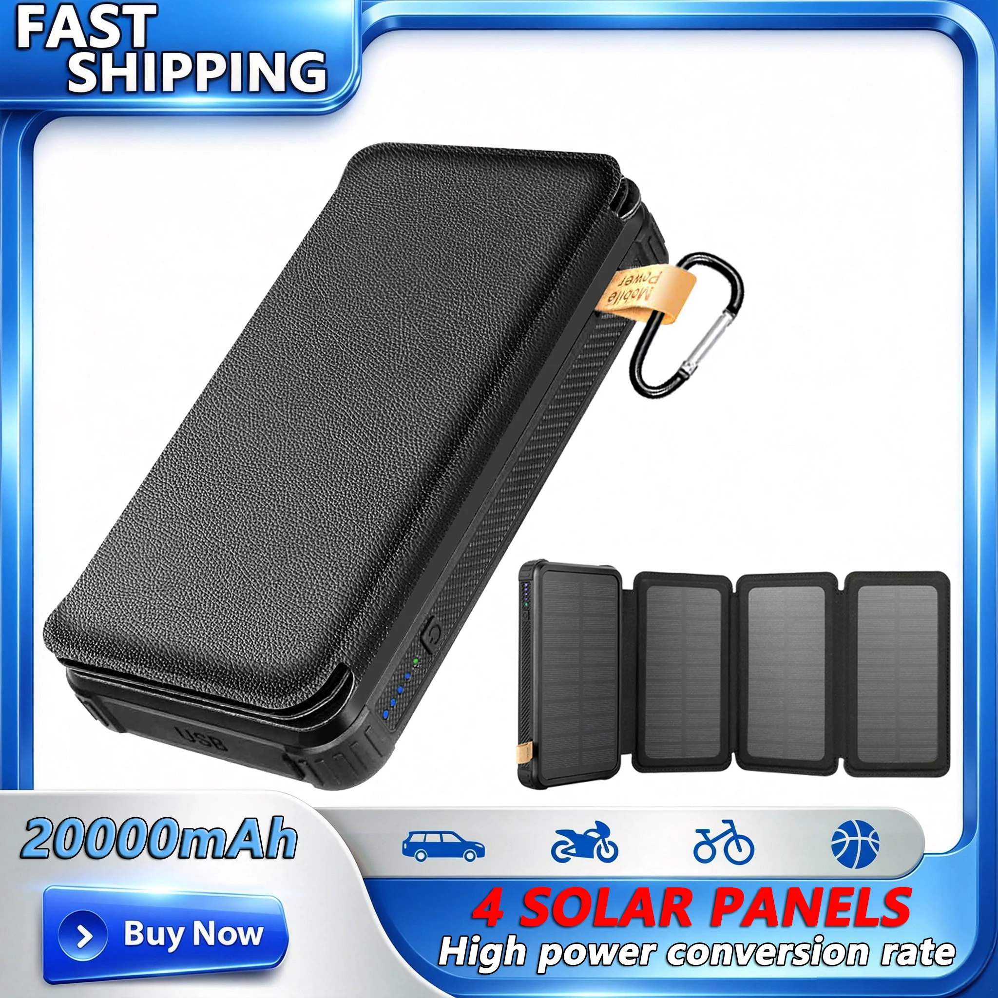 Powerbank, wasserdicht, für Outdoor-Camping, tragbare, faltbare Solarmodule, 5 V, 2 A, 3 Ausgänge, 4 faltbare Module, lädt externe Batterie, 20000 mAh, Solarmodul mit großer Kapazität