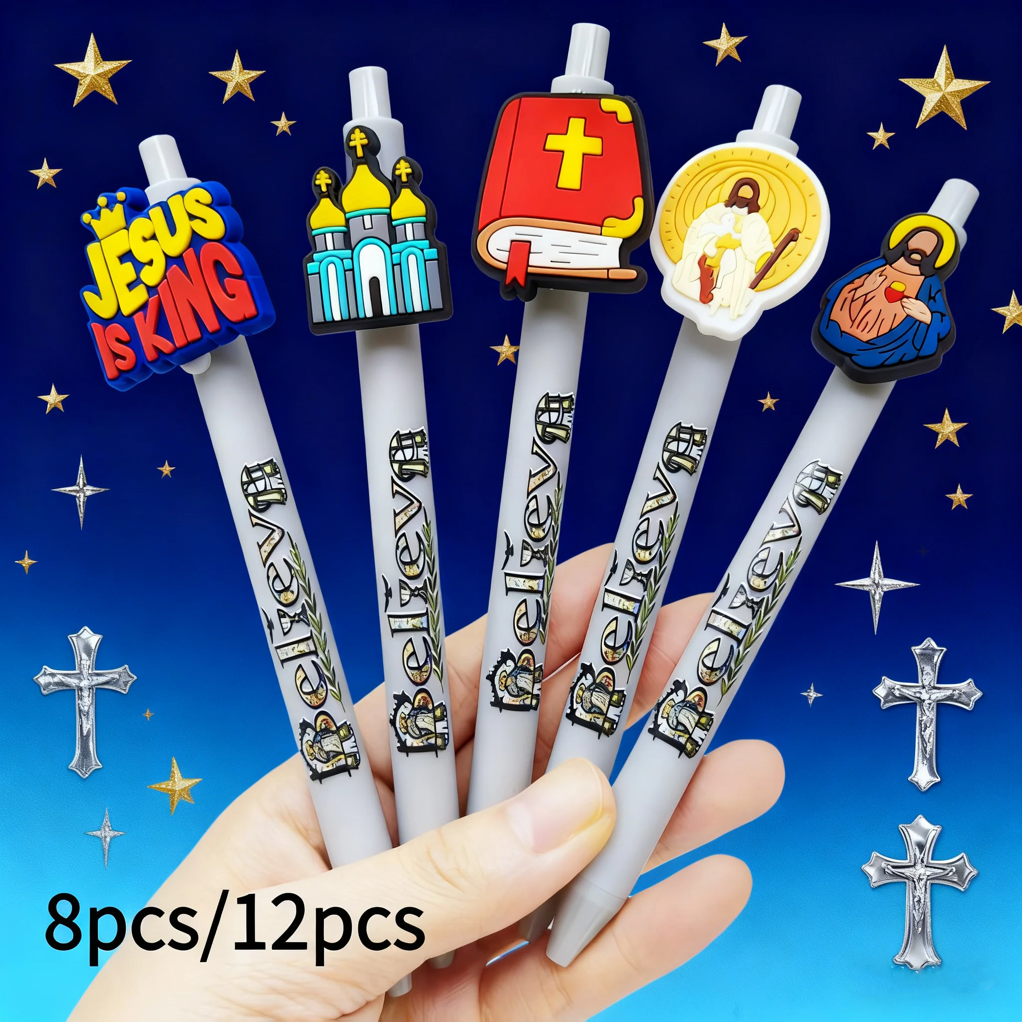 

8pcs/12pcs religious theme patch printing gel pen light gray stationery office gift pen ballpoint pen