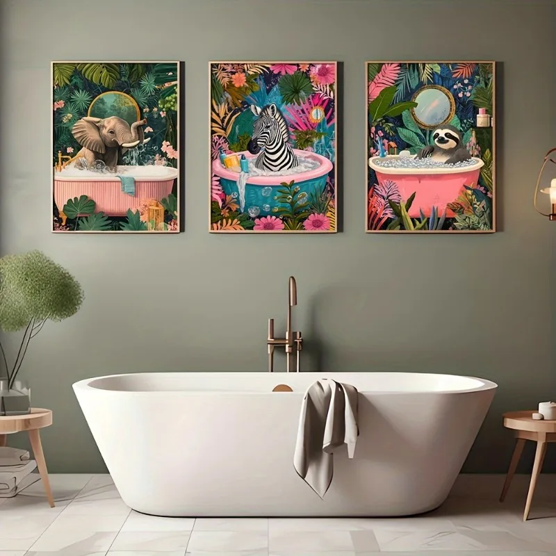 3pcs Tropical Animal Canvas Art Prints, Sloth Elephant Zebra in Bathtub, Wall Decor for Bathroom, Bedroom, Living Room Frameless