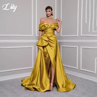 Lily Red Elegant Prom Gown V-Neck Off the Shoulder Party Dress for Woman Satin Pleating Side Split Evening Dresses Customized 3