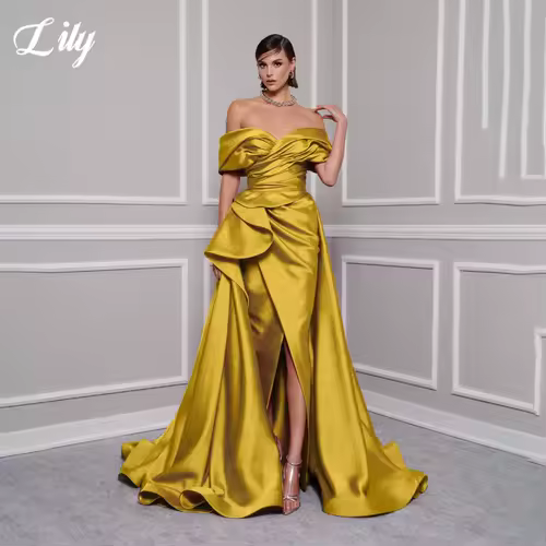 Lily Red Elegant Prom Gown V-Neck Off the Shoulder Party Dress for Woman Satin Pleating Side Split Evening Dresses Customized - Image 3