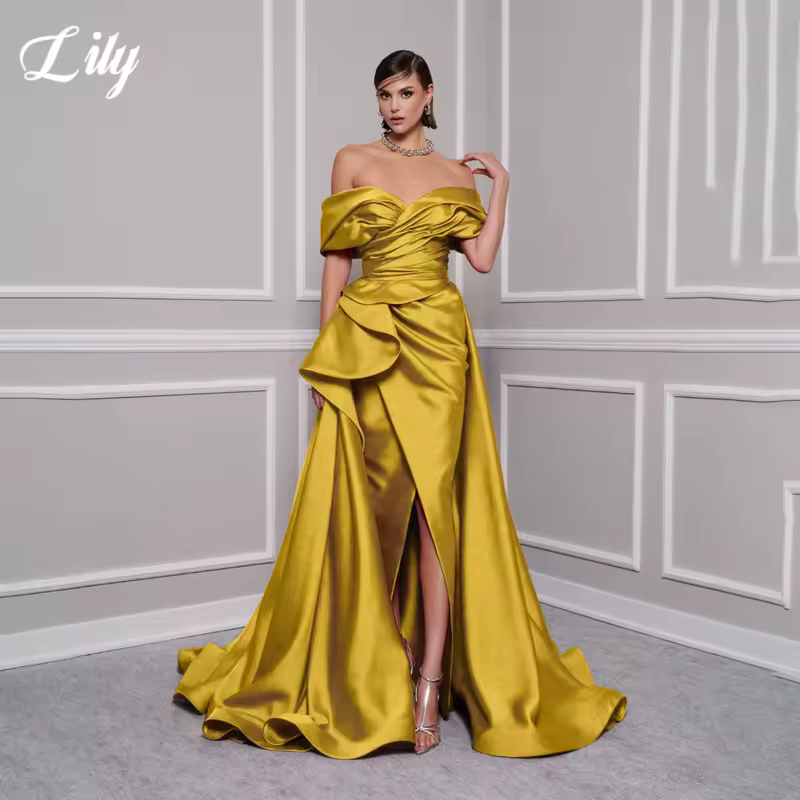 Lily Red Elegant Prom Gown V-Neck Off the Shoulder Party Dress for Woman Satin Pleating Side Split Evening Dresses Customized - Image 3