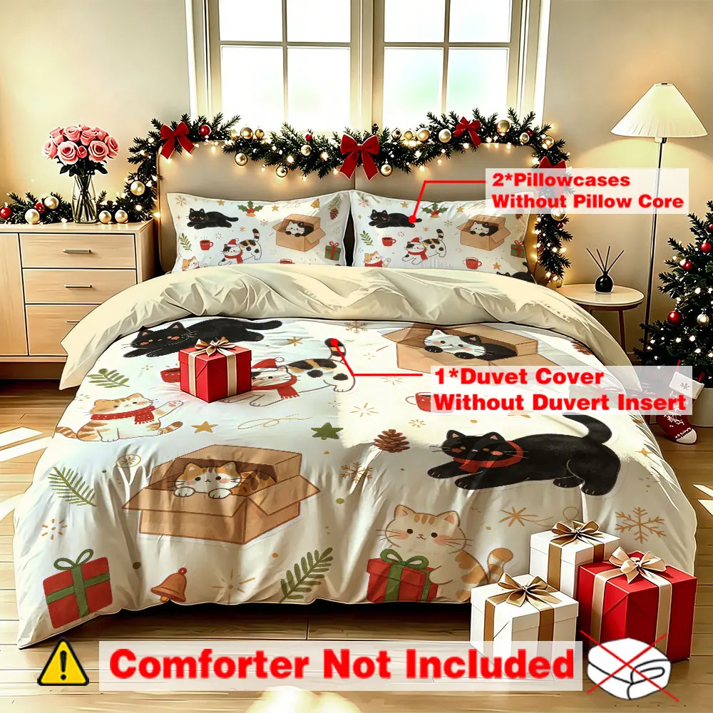 Christmas Duvet Cover Set 3PCS Cute Cat Gift Box Pattern Bedding Set Soft Fabric Cartoon Christmas Home Decoration for Bedroo