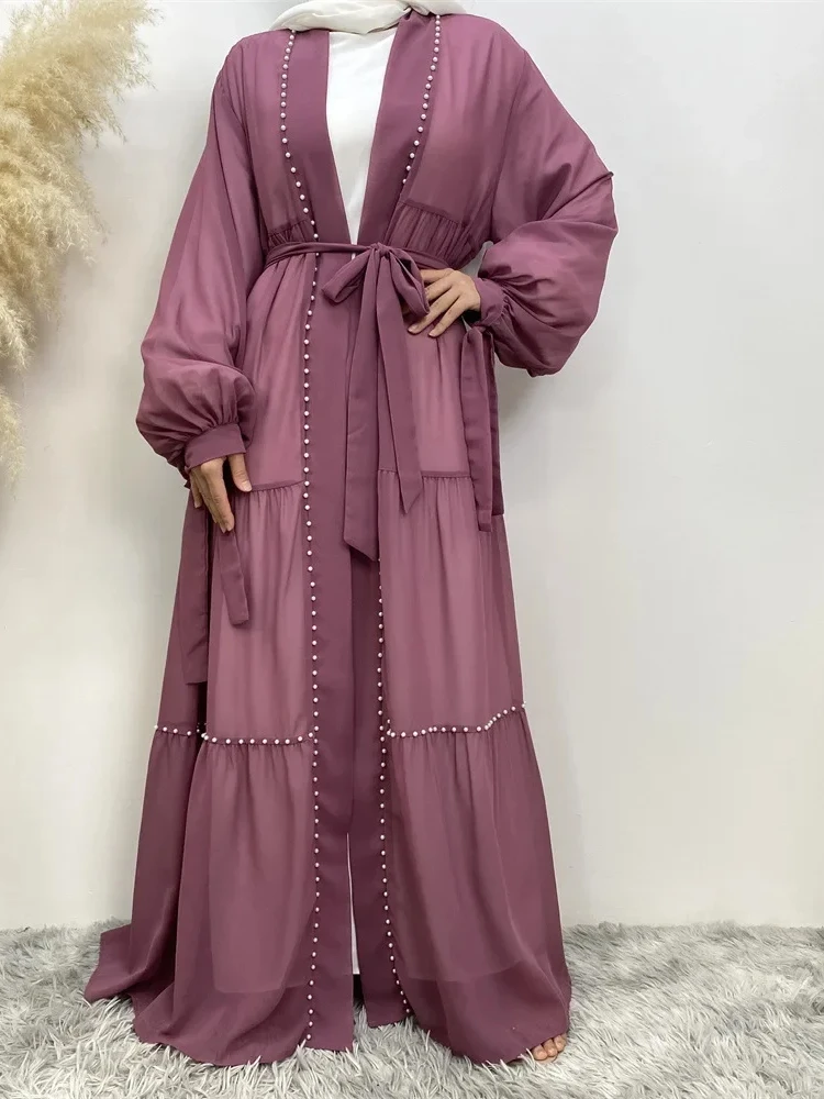 

Women Eid Muslim Abaya Beading Robe Dress Morocco Arab Dubai Cardigan Diamonds Abayas Islam Kaftan Pearls Long Robe Spliced