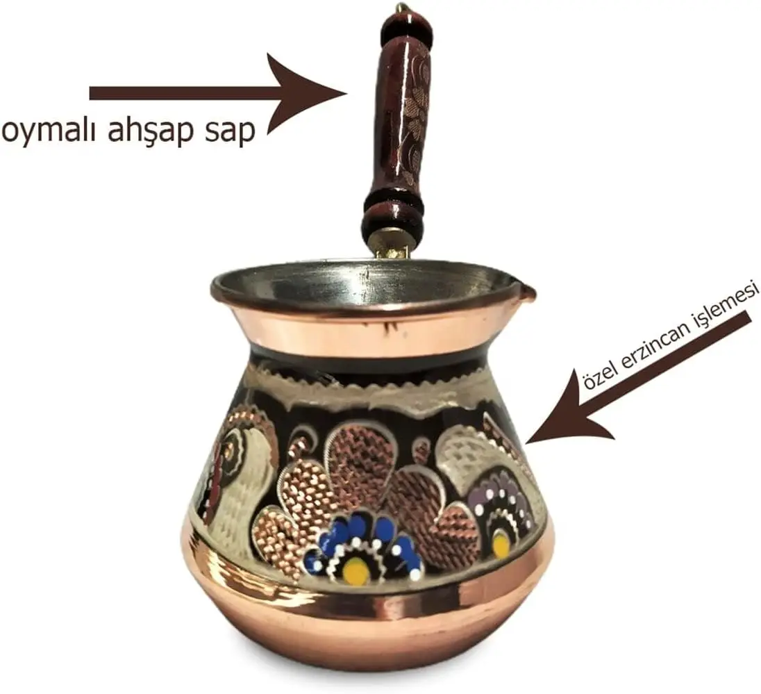 Set of 3 Handmade Copper Turkish Coffee Pots (Cezve) with Erzincan Engraving - Traditional Design for Serving Guests - Mixed