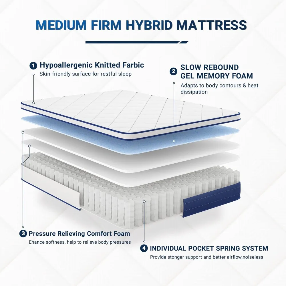 Queen Size Mattress, 10 Inch Queen Hybrid Mattress in A Box ,Gel Memory Foam, Medium Firm Queen Mattress Colchon