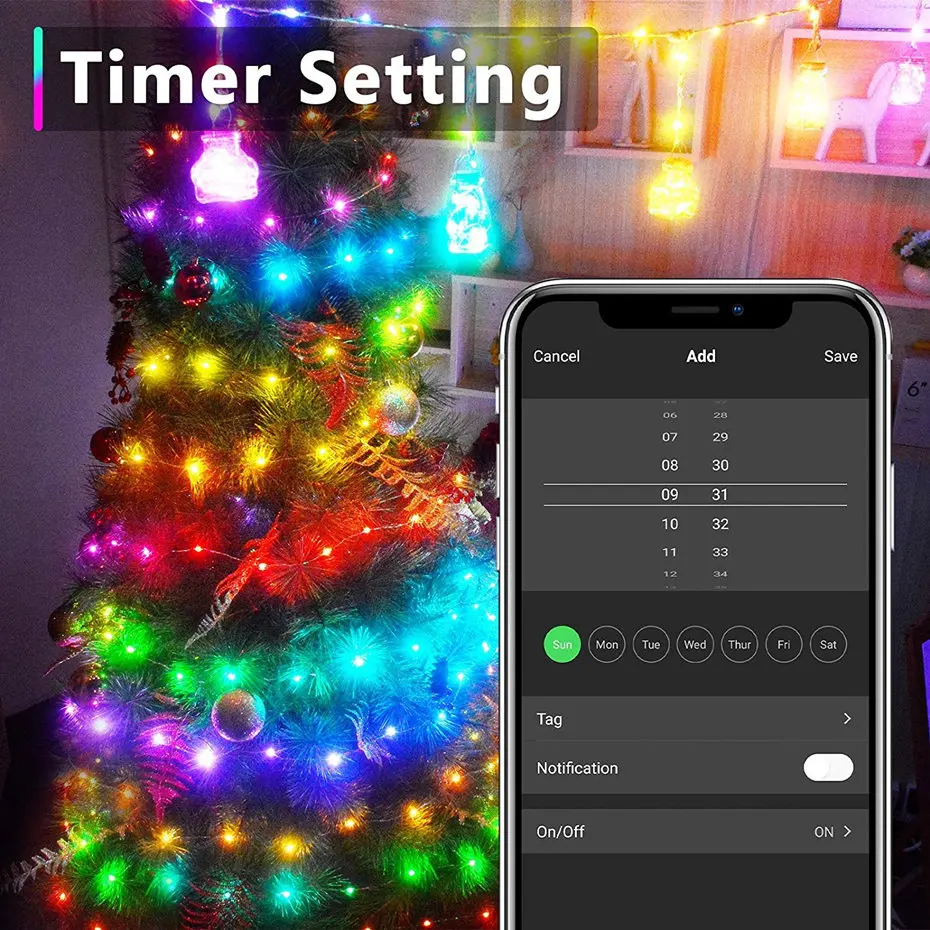 Holiday Decoration Wifi Smart Christmas Lights 10m 66LEDs Fairy String Light RGBIC Dream Color Chasing App Remote Music Control