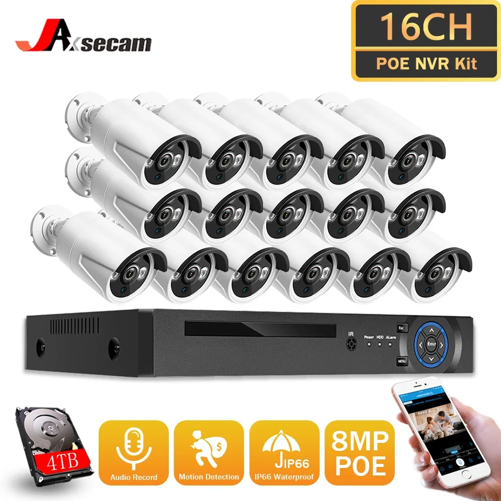 H.265 16CH 8MP 4K POE NVR CCTV System 16Ports 8MP Camera Outdoor Waterproof  Audio Microphone Camera Video CCTV Surveillance Kit