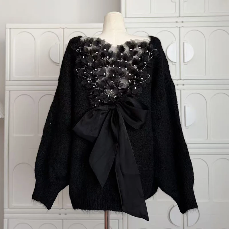 

Женский свитер с бантом, длинный v-образный вырез, длинный рукав, осенний уютный вязаный свободный модный пуловер, свитера, корейский модный вязаный топ, джемпер