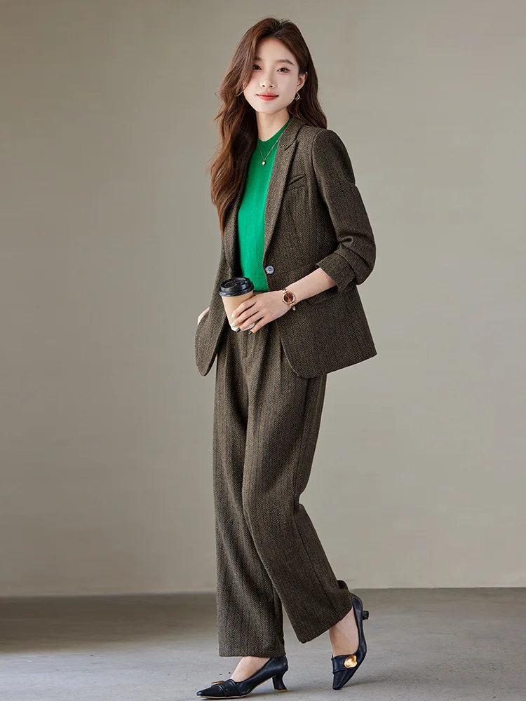 Conjunto de chaqueta y pantalones de mezcla de lana para mujer, traje informal elegante de 2 piezas, primavera y otoño, novedad de 2024