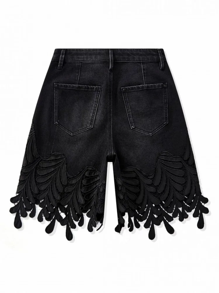 Summer Women Slim Fit Black Feather Patchwork Embroidery Diamonds Straight Casual Shorts Design Fashion Versatile Female Shorts