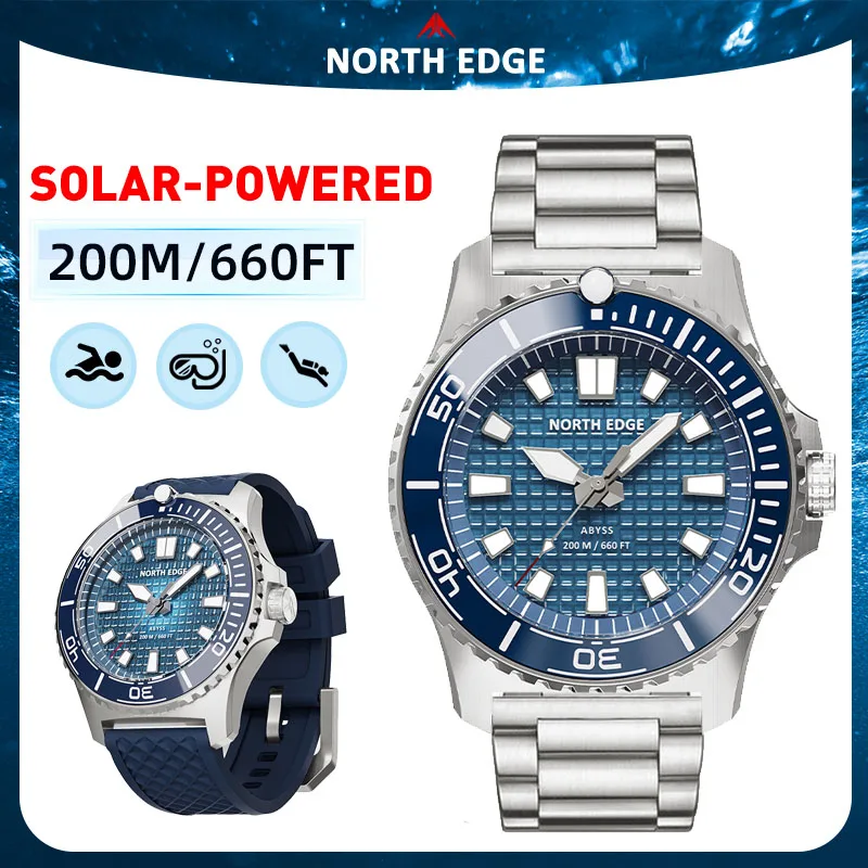 NORTH EDGE ABYSS Men Solar Diving Quartz Watch 200M Waterproof Sports Dive Wristwatch 316L Stainless Steel Case 180+ Days Power