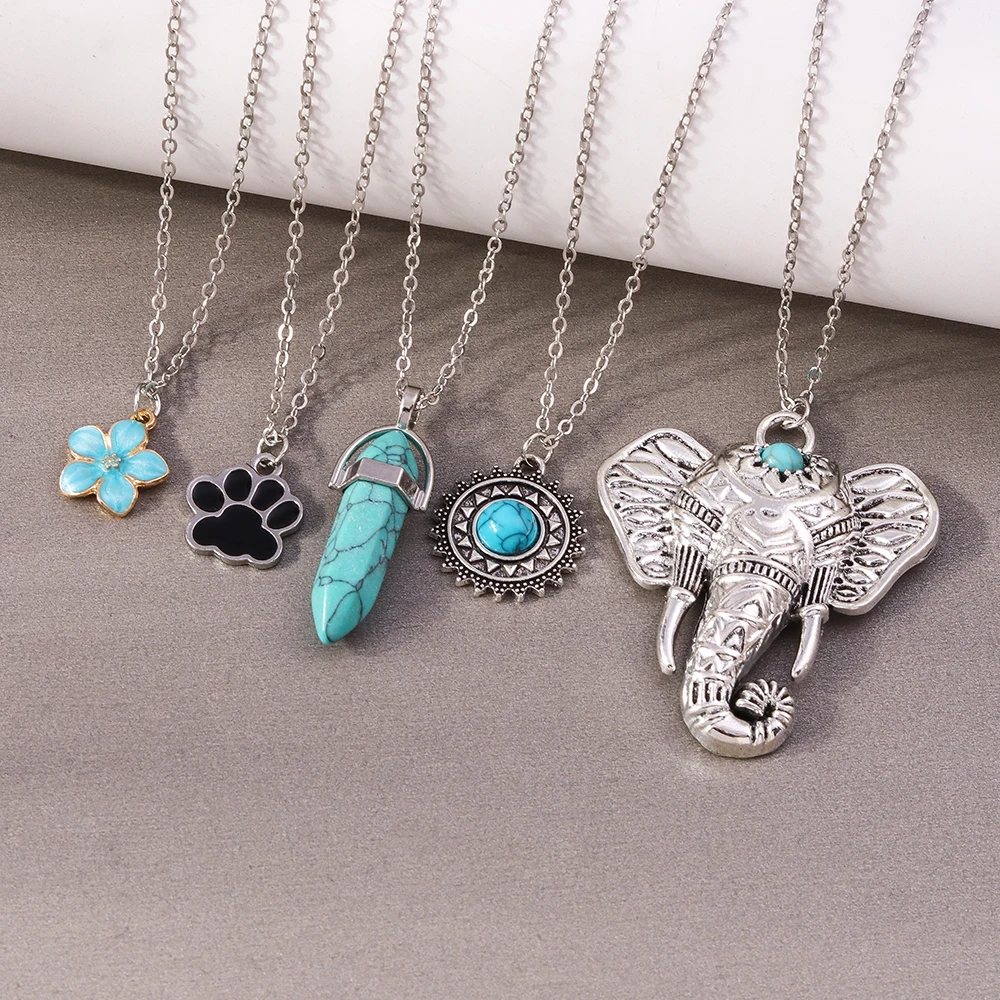 Aihua 5 teile/satz Gothic Blau Türkis Stein Elefant Anhänger Halsketten für Frauen Grunge Hip Hop Halskette Schmuck Geschenke – Detail 3