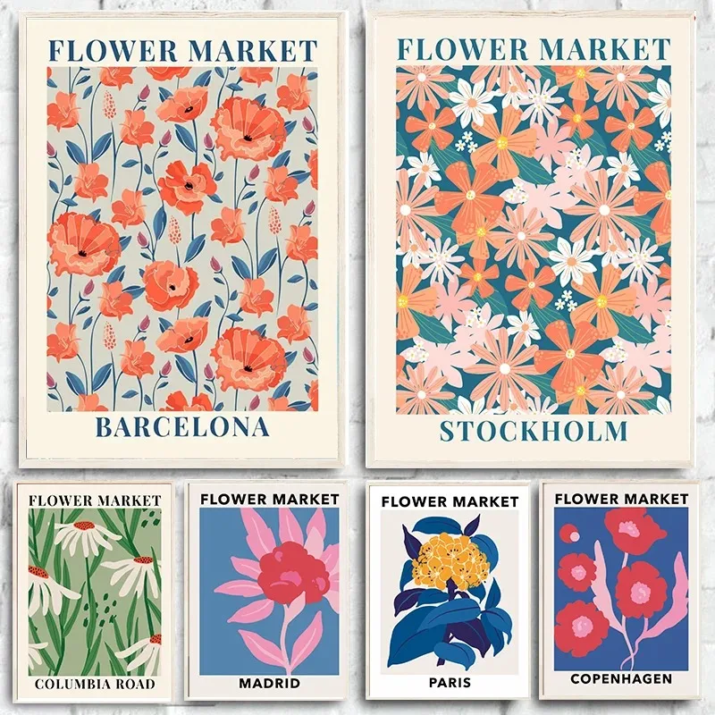 Póster impreso del mercado de flores, Barcelona, Estocolmo, Columbia, Copenhague de Madrid, pintura en lienzo estética, imágenes, decoración del hogar para dormitorio