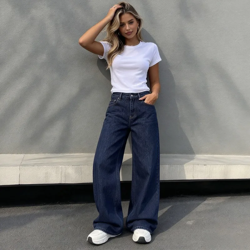 OIQERE Womens High Street Straight Jeans Trendy European American Design Loose Casual Denim Long Pants For Ladies