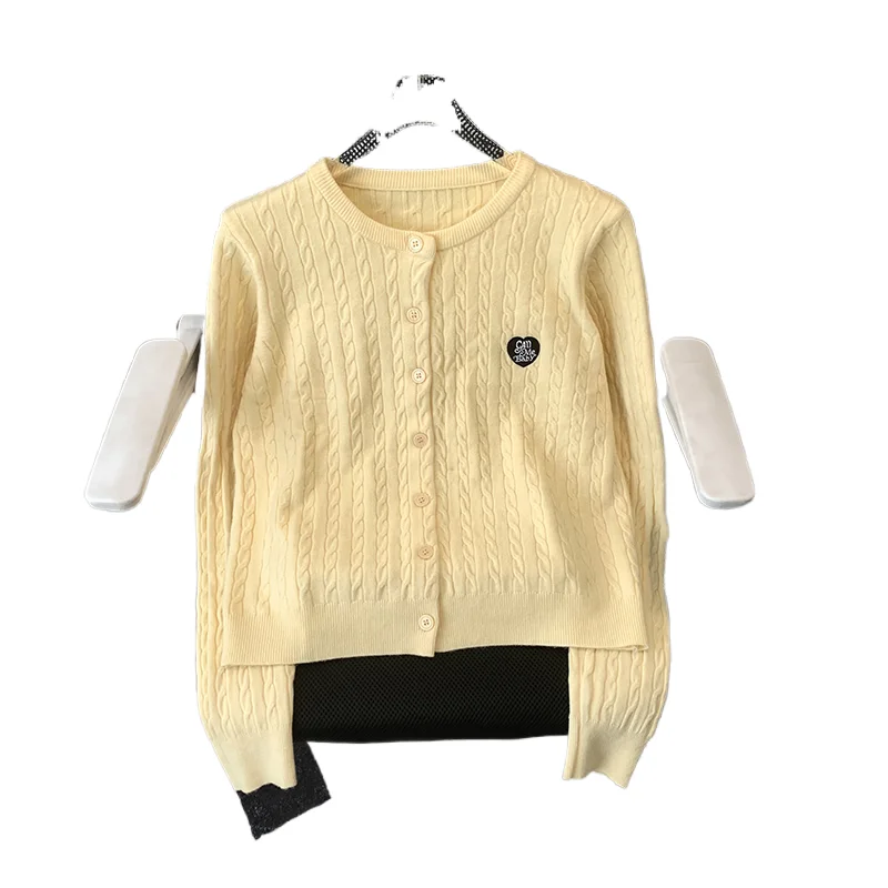 

Желтый кардиган, женский свитер, новинка 2025, весна-осень, вязаный универсальный тонкий топ с круглым вырезом и длинными рукавами с принтом сердца