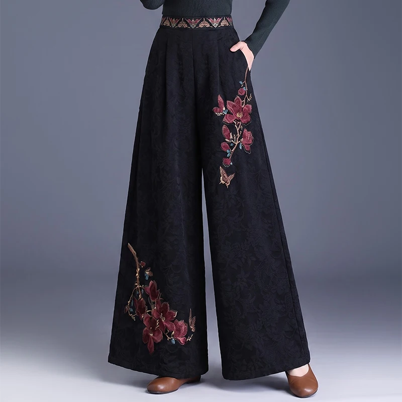 Chinese Style Embroidered Wide Leg Pants Loose Fit Slimming Floral Patterned Long Trousers for Women Autumn Winter New Arrival