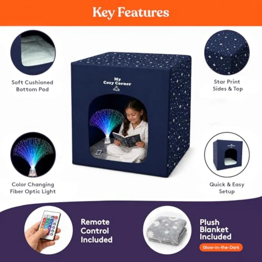 Sensory Play Tent for:Soft Polyester Fabric, Navy Blue, Calming Cozy Space with Fiber Optic Lamp, Glow-in-Dark Fuzzy Blanket Pa