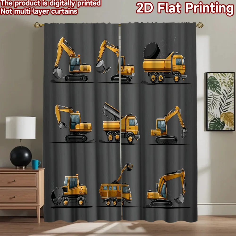 2D flat 2pcs Curtain Vintage drapes and curtains Construction Vehicle Collection Durable polyester fiber Holiday Decorations for