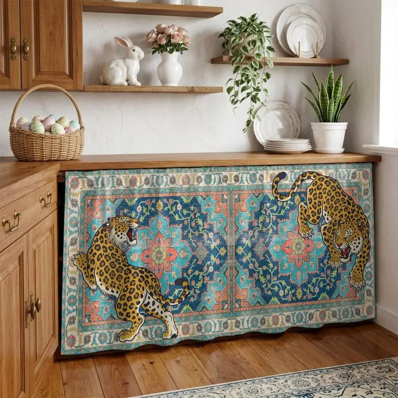 VIKAMA Boho Antique Leopard Blue Rug Pattern Cabinet Curtain Oriental Under Sink Dust Cover Kitchen Counter Decor Short Curtain