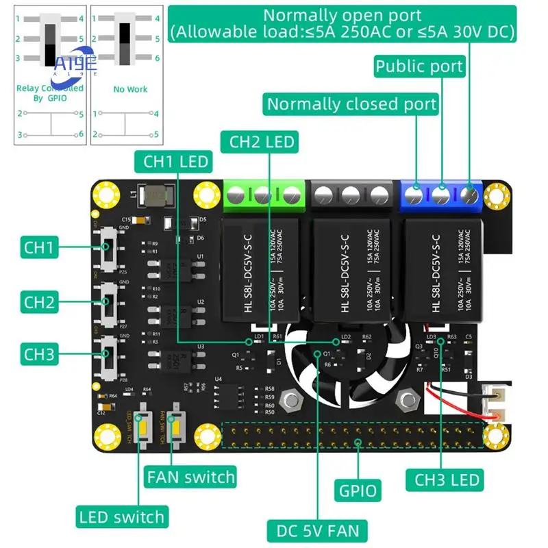 

A19E-Rpi Модуль расширения платы реле мощности с двойным охлаждающим вентилятором, светодиод с автоматической заменой цвета для Raspberry Pi A+ 3A+ B+ 2B 3B 3B+ 4B