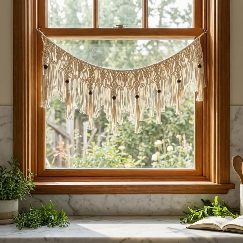 Hand Woven Boho Garland Wall Hanging with Wooden Beads Cotton Tassel Banner Nordic Wall Tapestry Bohemian Decor for Living Room