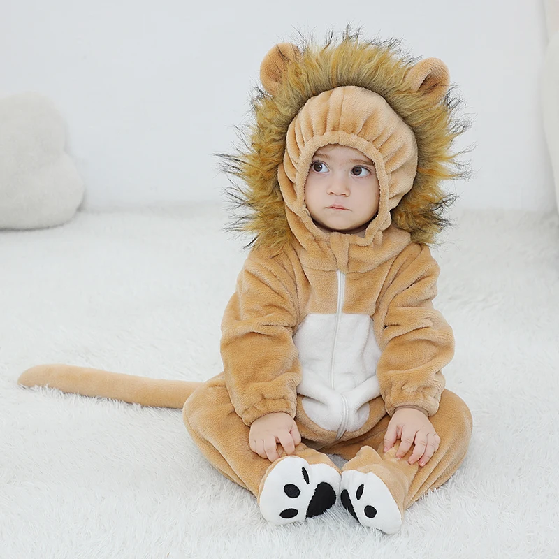 Lovely Lion Baby Girls Clothes Boys Romper Winter Plush Infant Onesie Bodysuit Cosplay Costume Hooded Zipper Jumpsuits