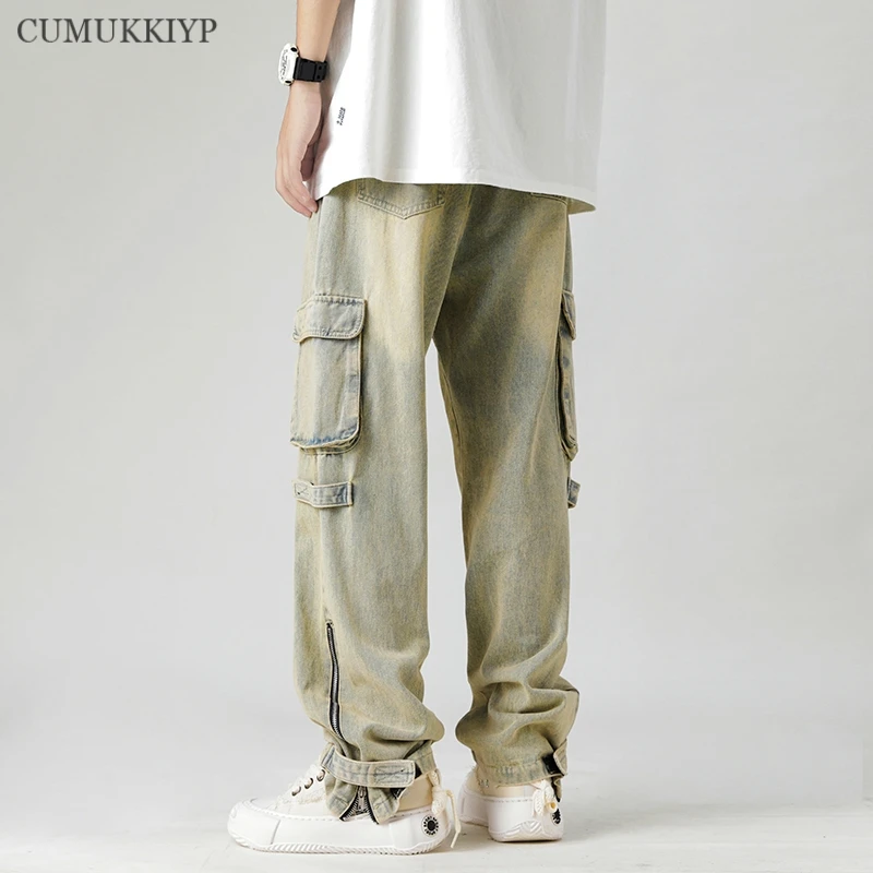 CUMUKKIYP Men\'s Loose Vintage Denim Cargo Pants Streetwear Multiple Pockets Side Zipper Split Straight Baggy Jeans Hombre