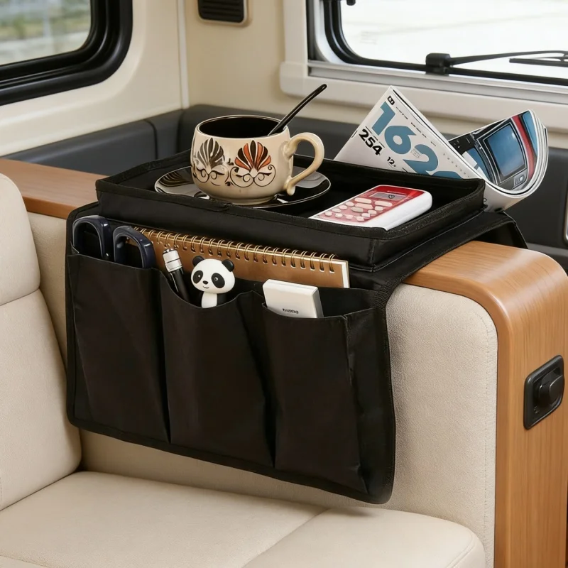 Motorhome Seat Sofa Armrest Organizer With Storage Pockets & Cup Holder Fabric Phone Tablet Holder Chair Tray RV Accessories