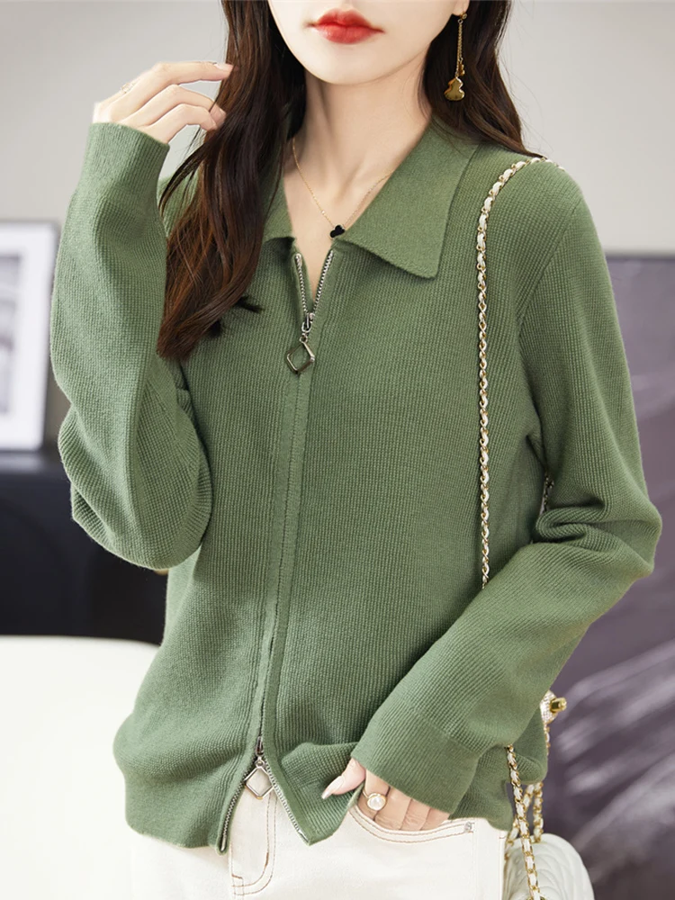 New Spring Autumn Polo Neck Solid Color Zippers Cardigan Knitwear 100% Merino Wool Women' Sweater Long Sleeve Comfortable Tops