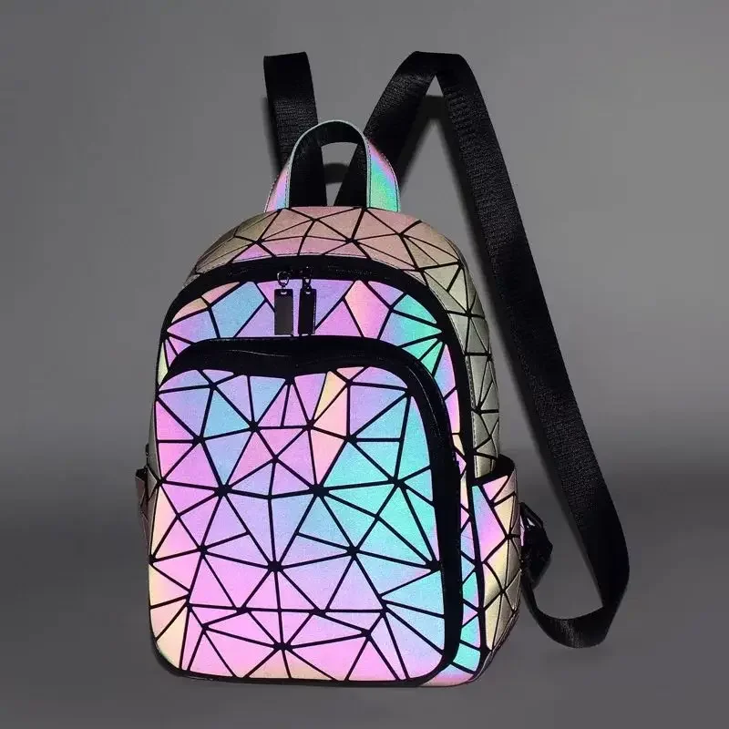 Women Luminous Brand Backpack Holographic reflective Geometric travel Shoulder Bag Folding Female student School Shine BackPack