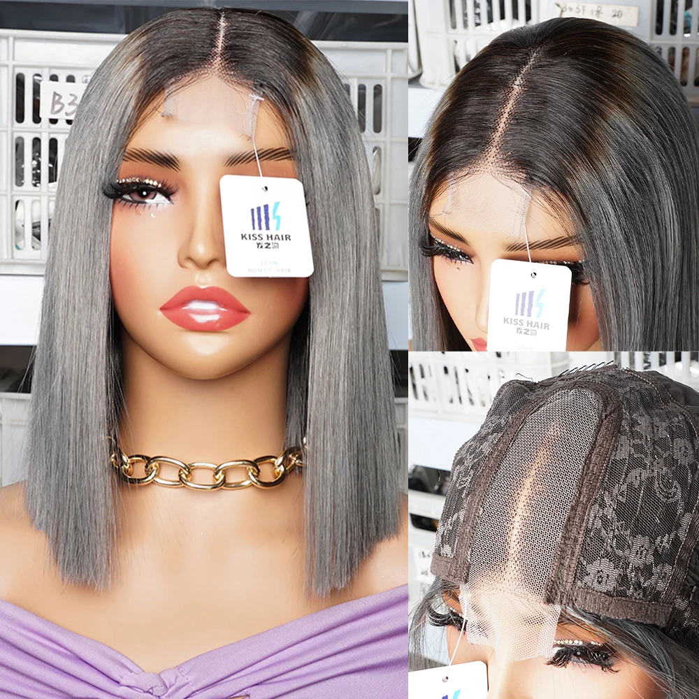 300% 1B/grey Short Bob Wig 2*4 Lace Wig Super Double Drawn Bone Straight Human Hair Extension Middle Part Kim Closure Wigs