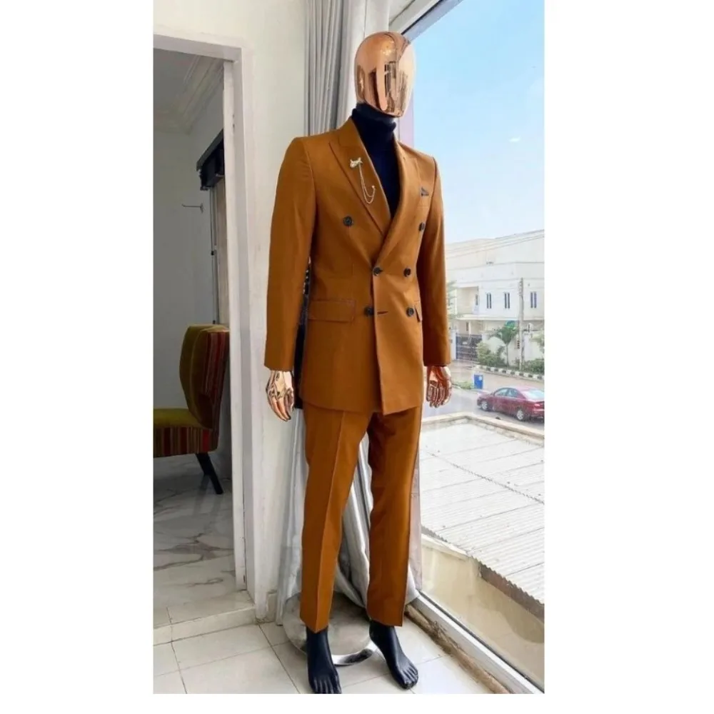 

Burnt Orange Teal Men Suits Slim Fit Double Breasted Peaked Lapel Prom Tuxedos Wedding Costume Homme 2 Pieces Set Jacket+Pants