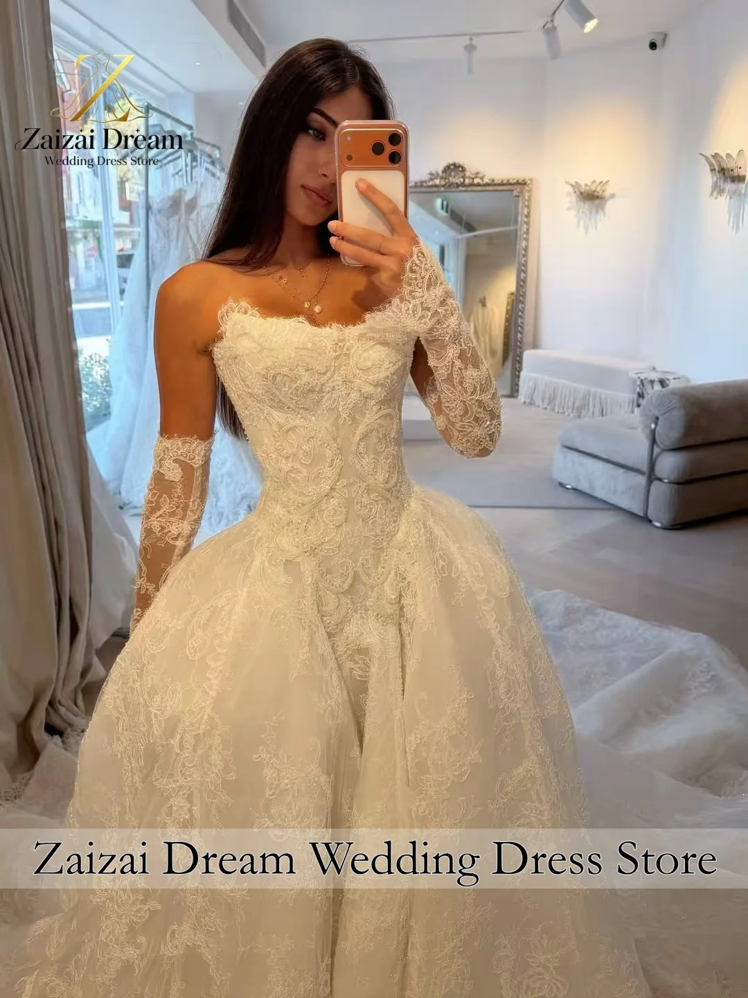 Customzied Lace Ball Gown Wedding Dress Detachable Lace Sleeves Sweetheart Neck Bridal Gown Cathedral Train Vestido De Novia