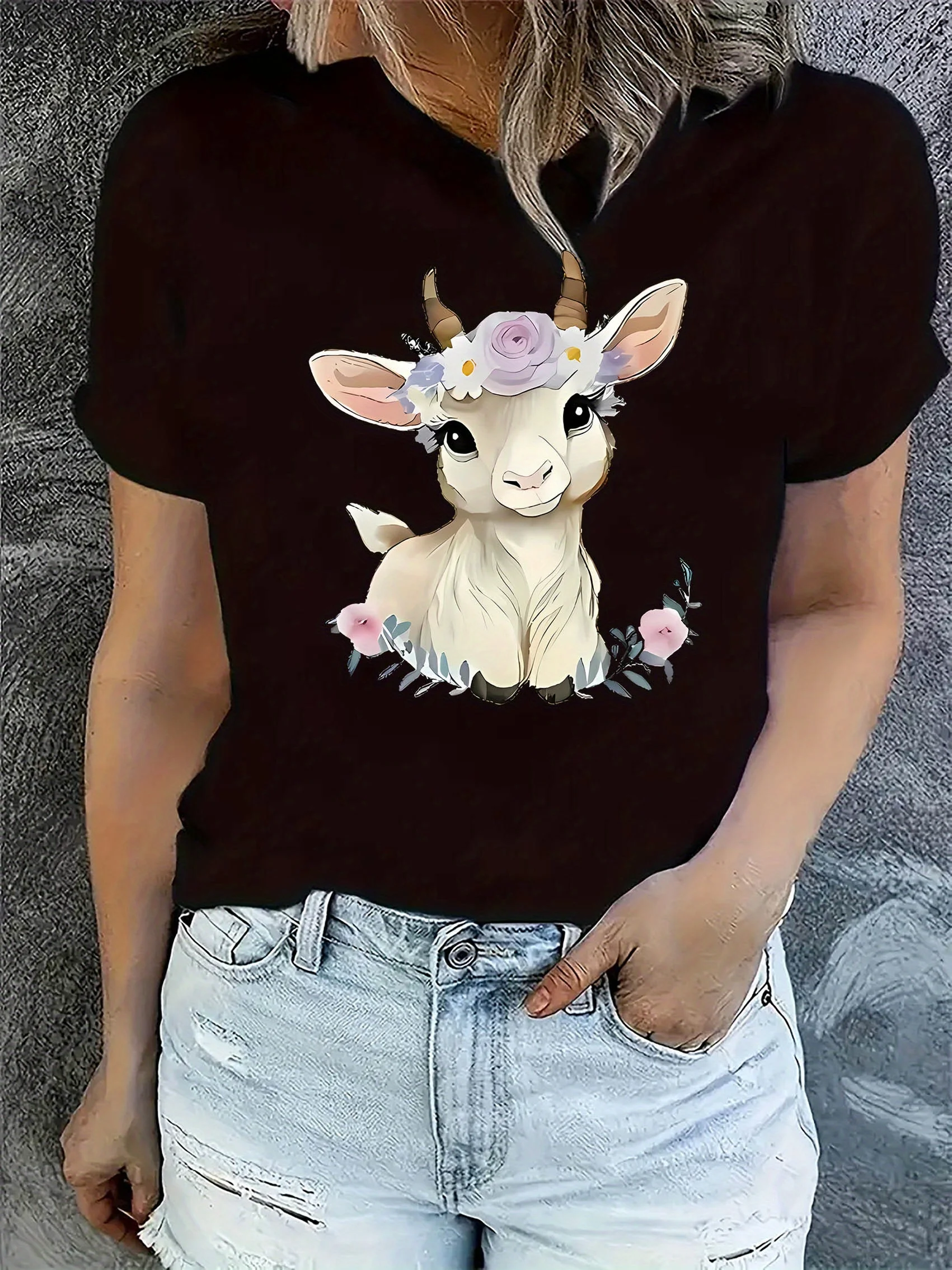 تي شيرت نسائي كاجوال برقبة دائرية مع طباعة الماعز الإبداعية، أزياء قصيرة الأكمام، أعلى الفصول الأربعة، نمط حيوان مريح #2