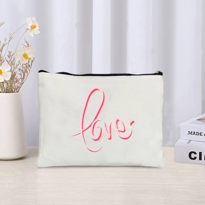 Love Printed Canvas Cosmetic Bag, Lápis Case, Bolsa De Armazenamento De Diversos, Organizador, Batom, Perfume, Zipper, Material De Escritório, Lover Gift