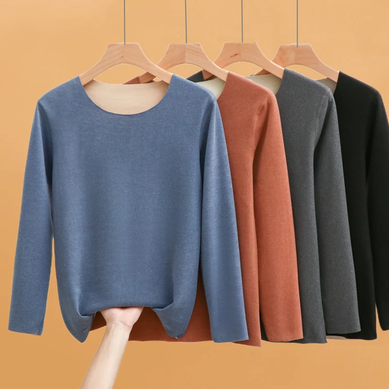 Thickened Fleece Warmth Men's Thermal Underwear Long Sleeve round Neck Slim Fit Base Shirt Self Heating Home Clothes