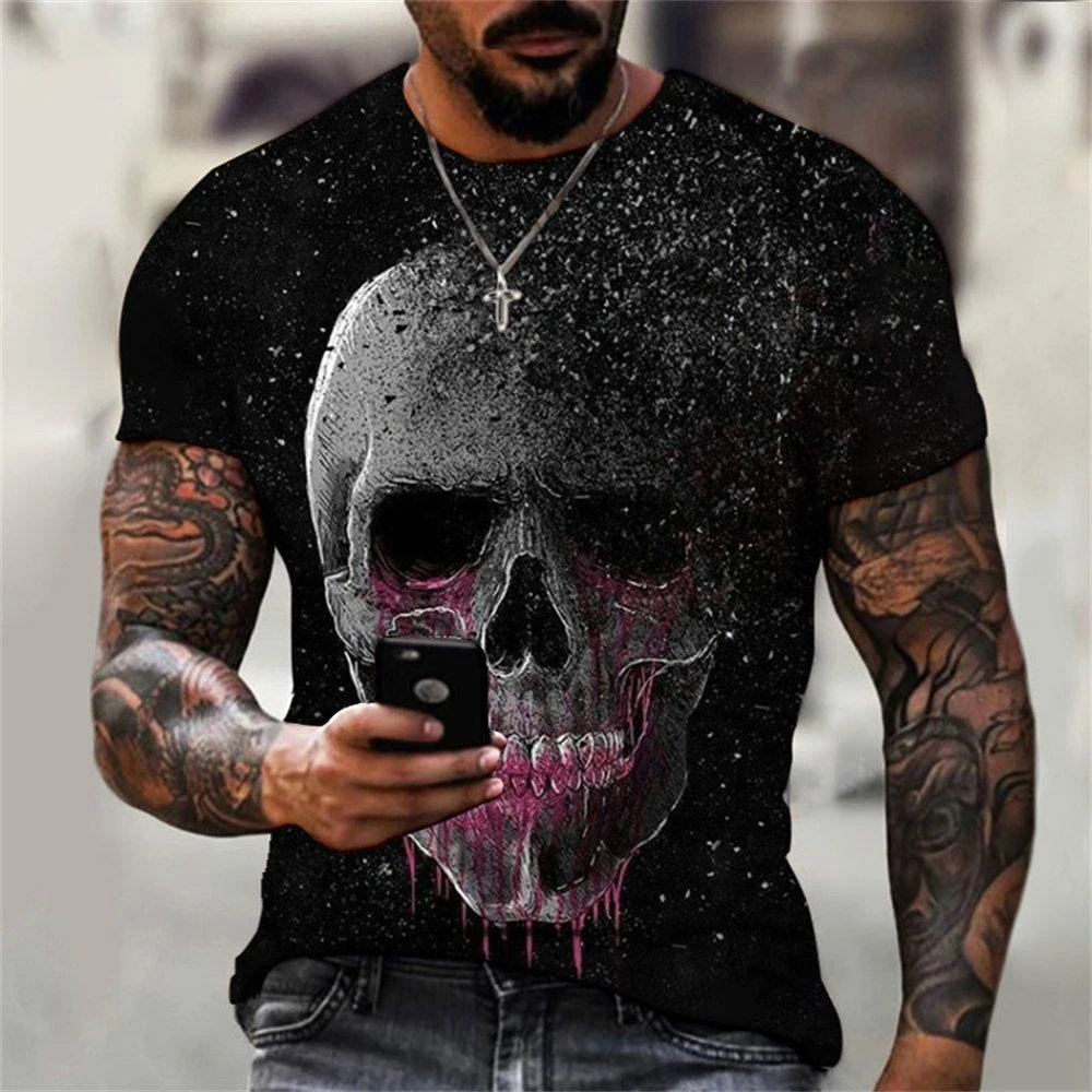 2025-2026 Summer Fashion Retro Skull 3D Printed T-shirt Hip Hop Personality Super Cool Horror Casual T-shirt #5