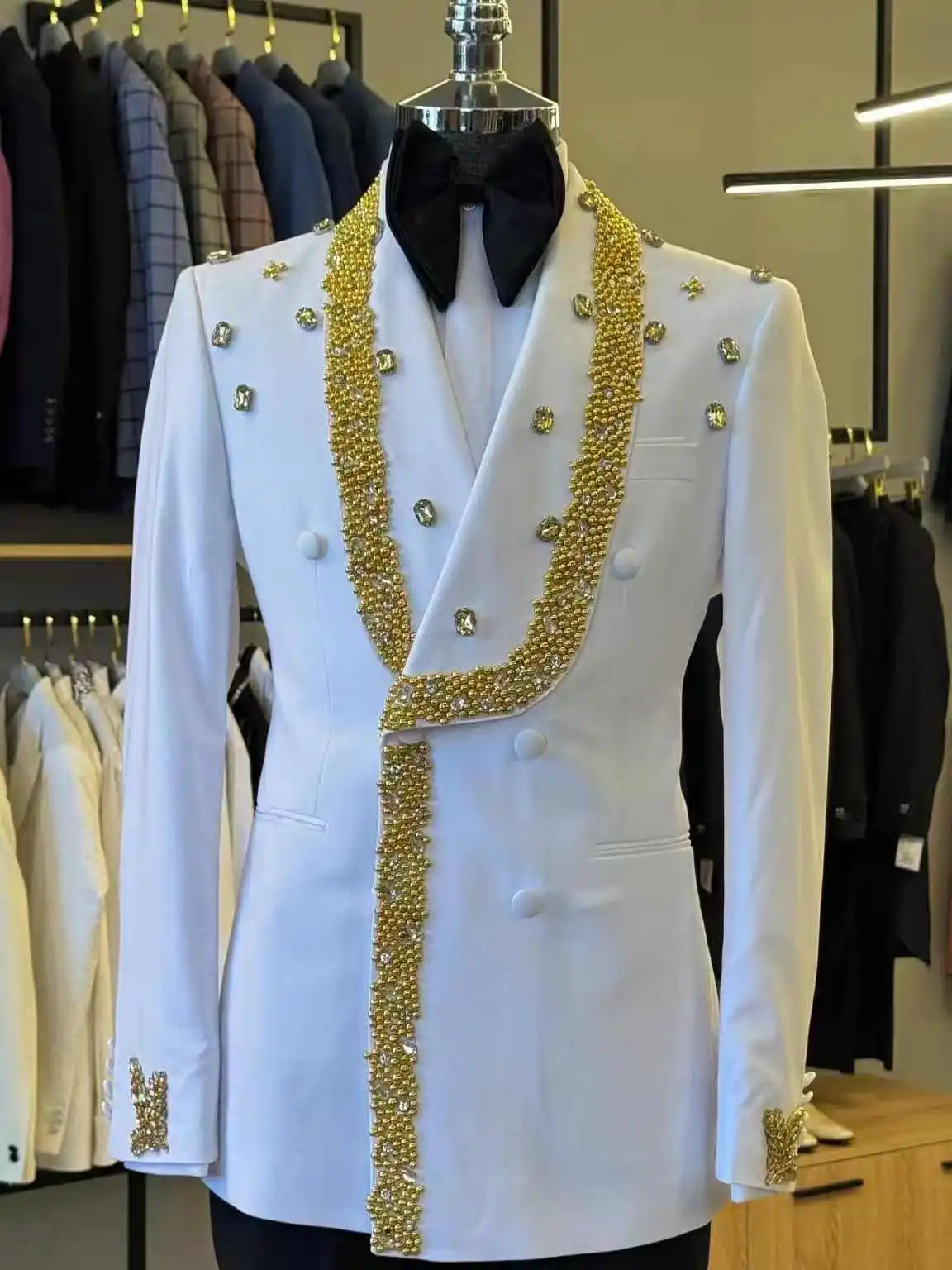 

White Men Suit Set 2 Pieces Blazer+Pants Trouser Luxury Golden Stone Crystal Wedding Tuxedo Formal Office Customized Jacket Coat