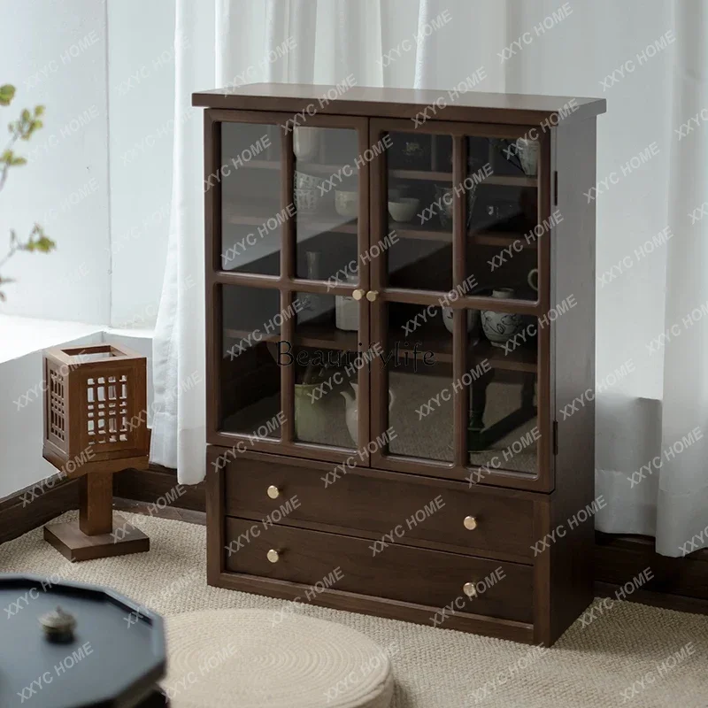 Solid Wood Tabletop Storage Cabinet for Tableware and Tea Sets, Black Walnut Wood Coffee Storage Countertop