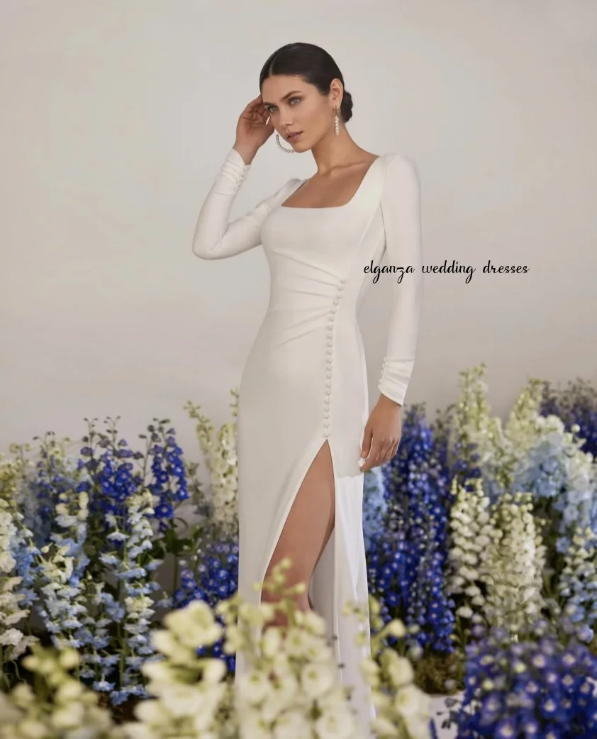 

Customized Bridal Dress Ivory Full Sleeves Mermaid Wedding Gowns Long Split Buttons Trumpet Simple Wedding Dresses