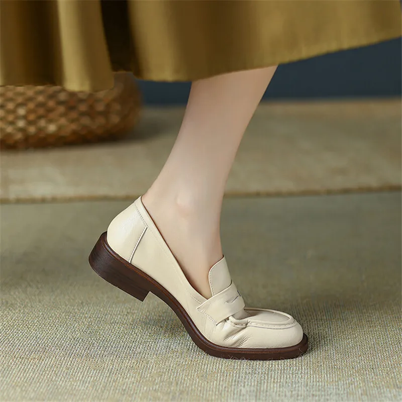 Spring Cow Leather Women Shoes Casual Round Toe Loafers Thick Heel Slip-On Shoes for Women Retro Women Pumps Zapatos De Mujer