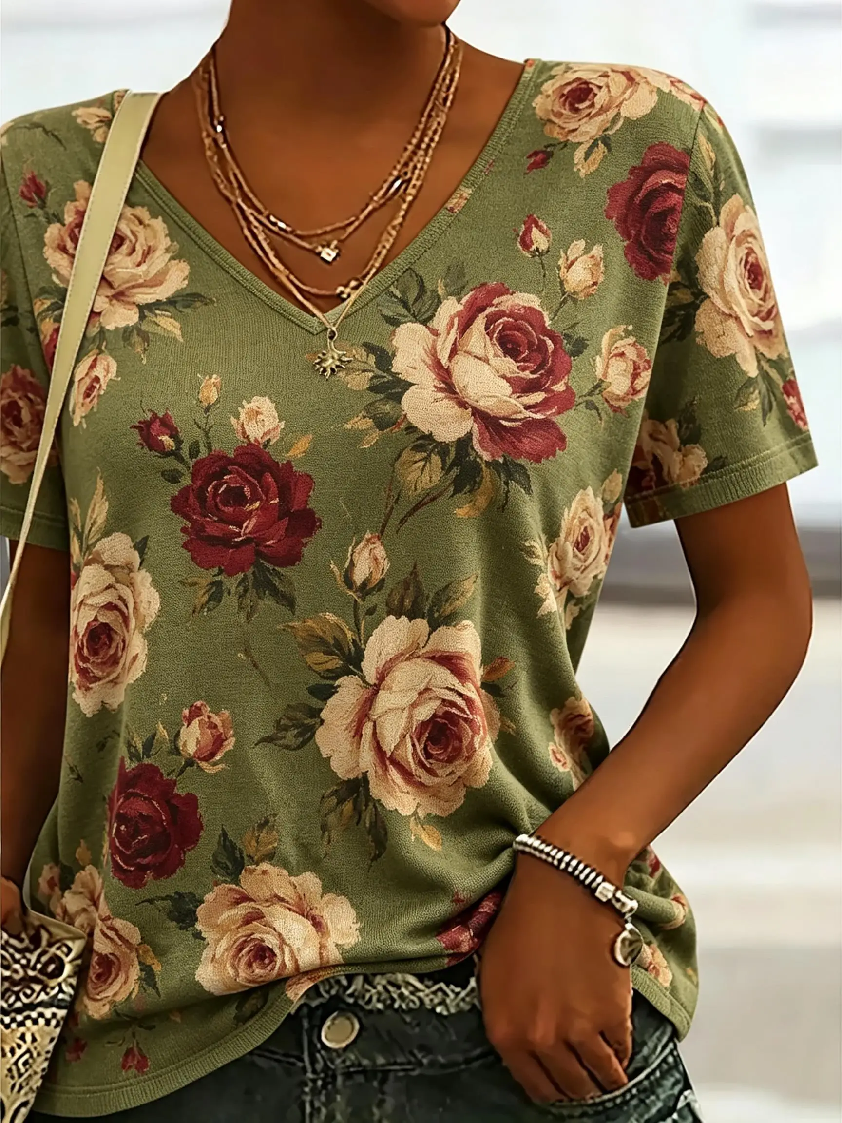 Women V‑Neck Short Sleeve T‑Shirt Vintage Rustic Floral All‑Over Print Loose Fit Casual Summer Ladies Tops