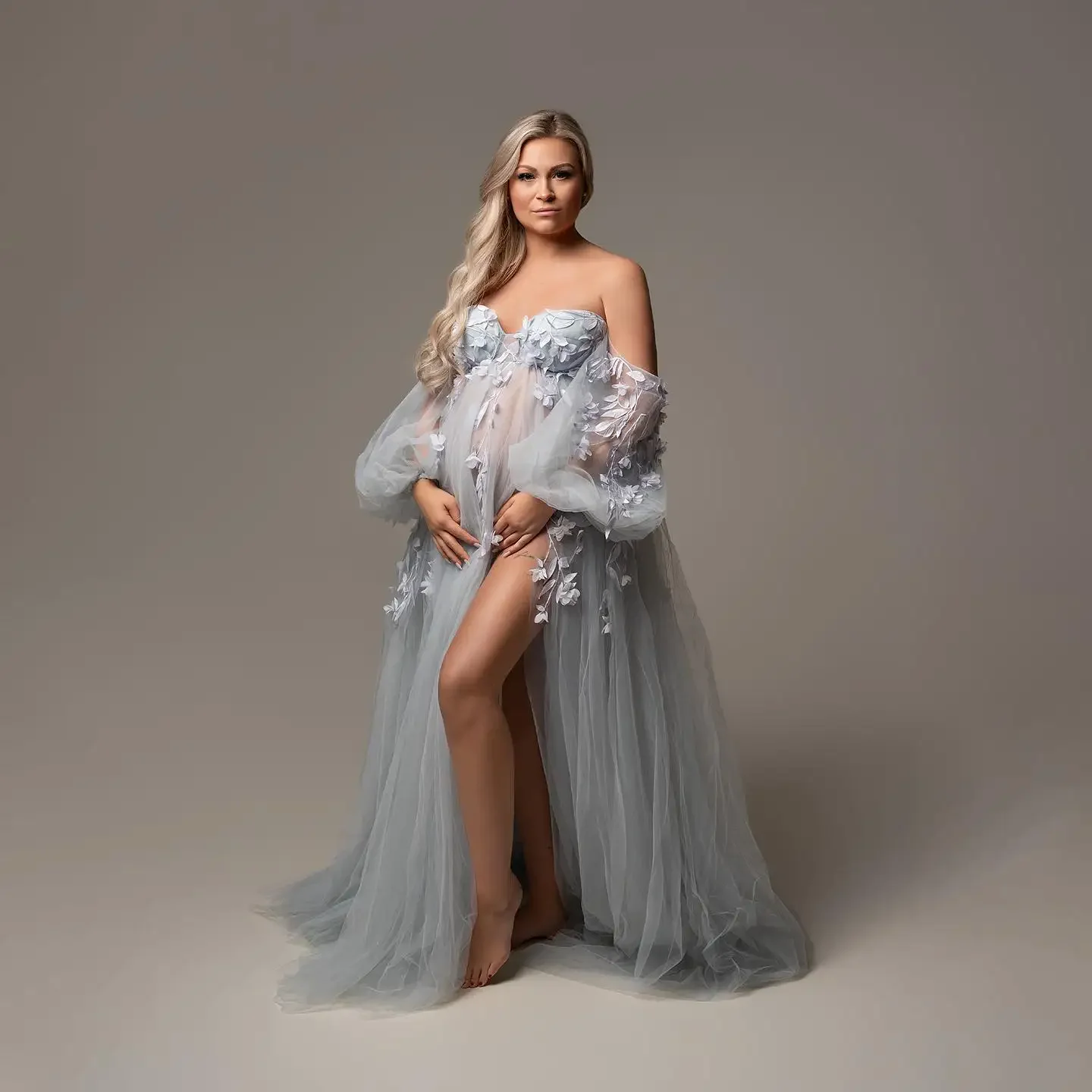 HOBBY Elegant Lace Tulle Maternity Dresses Extra Puffy Photo Shoot Appliques 3D Flower Pregnancy Dress Bridal Gowns Side Slit