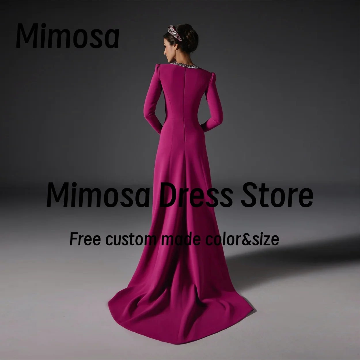 Mimosa O-Neck Evening Dresses Beaded Zipper Back Prom Party Dress Long Sleeves Sweep Train Satin Formal Occasion Gown Customized