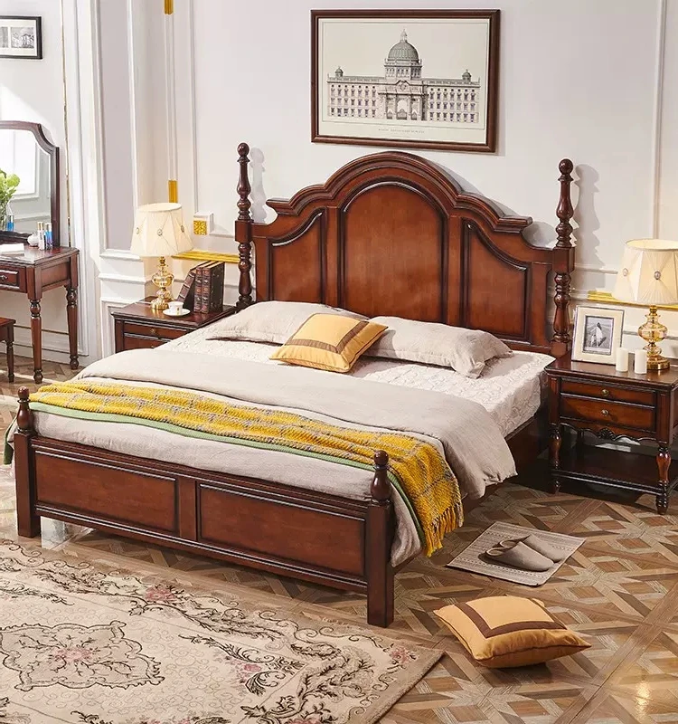 American retro old 1.8m master bedroom double solid bed French single 1.5m Roman column high box oak bed.