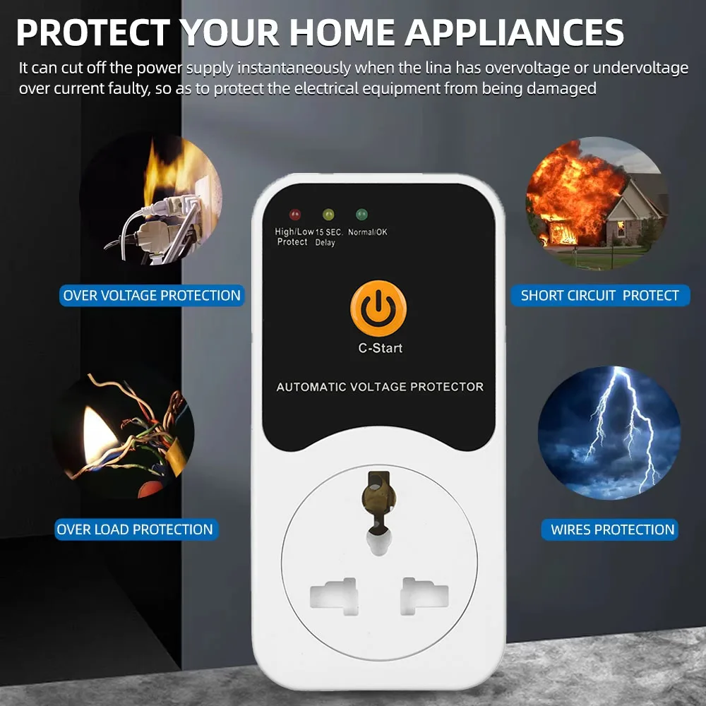 Enchufe Protector de voltaje CA 220V, enchufe europeo, protección de seguridad contra sobre/bajo voltaje, enchufe Protector de voltaje ajustable de 16A para refrigerador